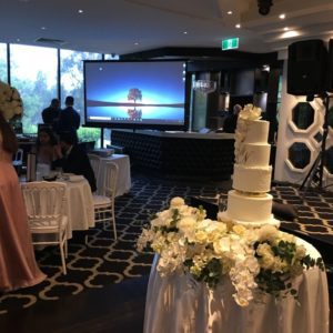 Projector, projection screen and two speakers set up at an indoor event