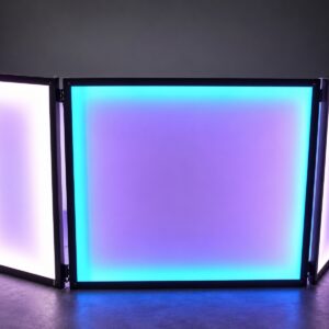 Black-framed DJ facade illuminated with cyan and purple LED lighting