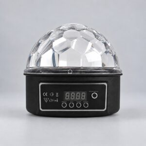 Black party disco light with a faceted crystal dome on a black base and a digital control panel on the front.