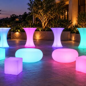 Eleven-piece LED glow furniture arrangement with four illuminated bar tables, five cube seats and two oval coffee tables