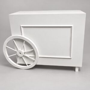 White Display Cart Hire | Osmic Productions White Display Cart with Decorative Spoked Front Wheel and Rectangular Moulded Panel