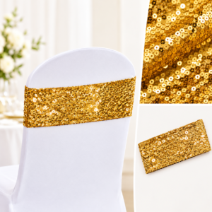 White chair with a sparkling gold sequin sash; includes close-ups of the sequined fabric and a gold clutch on a white surface, indicating event decor.