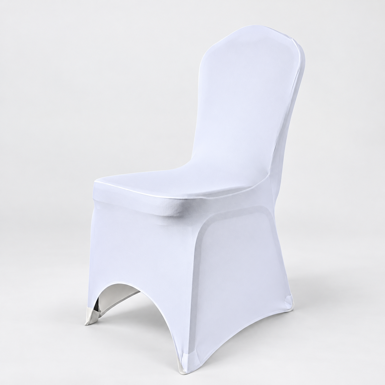 White Lycra Chair Cover | Osmic Productions White Stretch Lycra Banquet Chair Cover, Shown from the Front at an Angle
