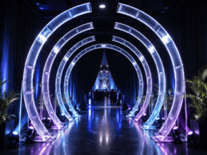 Glowing Circular Arches Form a Tunnel at a Dark Indoor Event Space with Guests in the Distance Behind the Arches Far End of the Walkway.
