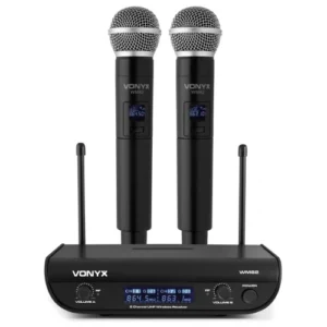 Dual Wireless Microphone System: Two Handheld Mics on a Base Receiver with Lcd Screens and Antennas.