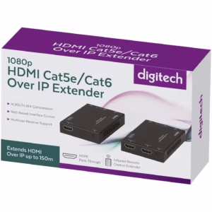 Ac1752digitech150m1080phdmicat5ecat6overipextender94949 | Osmic Productions Digitech 1080p Hdmi Cat5e/cat6 over Ip Extender Box Showing Product Name and Two Black Extender Units on White Box Background, Purple Branding.