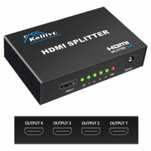 Hdmisplitterupto4durochairblackolympicpartyhireadelaide413de28470f800018117e49755410c09 | Osmic Productions Hdmi Splitter Box Labeled 'keliiyo', with One Input Port and Four Output Ports, Showing Multiple Power/status Leds and a Dc5v Input.