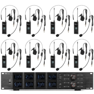 Eight Wireless Mic Kits (bodypack Transmitters, Lav Mics, Antennas, Cables) Arranged Above an 8-channel Rack Receiver Panel.