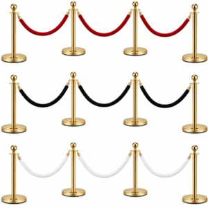 Rows of gold stanchions with red velvet ropes creating a barrier.