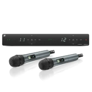 Dual-channel Wireless Microphone Receiver with Two Handheld Mics Beneath It on a White Background.