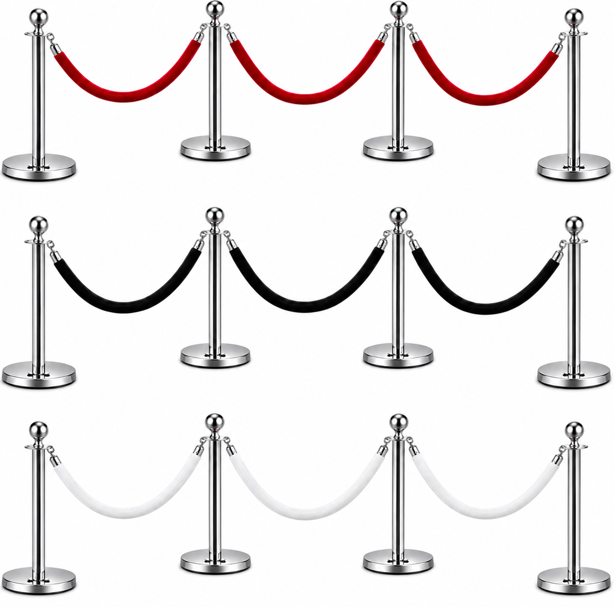 Silver Bollards | Osmic Productions Three Rows of Chrome Stanchions Linked by Red Ropes Forming Arches (top Row).