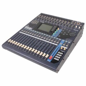 Yamaha Digital Mixing Console with Multiple Channel Faders, a Central Touchscreen, and Control Knobs.