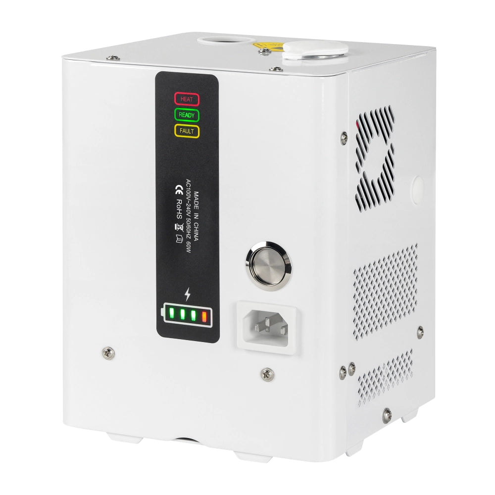 041611044415jpg | Osmic Productions White Metal Electronic Cabinet Featuring a Vertical Black Status Panel with Heat, Ready, and Fault Leds, Plus a Power Inlet and Side Ventilation Grills.