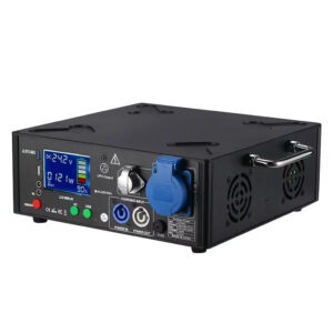 Power inverter with a digital display, USB and AC outlets, and a blue 230V socket on a black metal case.