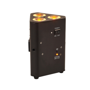 Black wireless DMX device with three amber LEDs on top, power switch labeled ON/OFF, and a red indicator light labeled 'Wireless DMX Code'