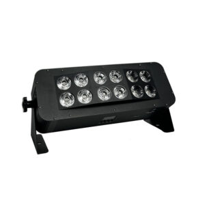 Black dual‑bracket LED stage flood light with twelve round lens modules on the front panel, angled on its stand for stage lighting.