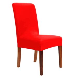 Red upholstered dining chair with tall back and brown wooden legs.