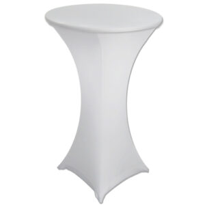 Drybar003 | Osmic Productions White Fitted Stretch Table Cover on a Tall Round Cocktail Table.