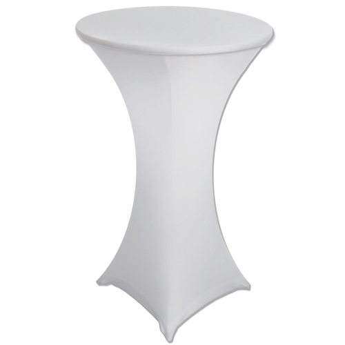 Drybar003 | Osmic Productions White Fitted Stretch Table Cover on a Tall Round Cocktail Table.