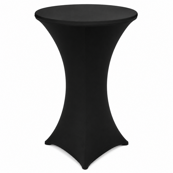 Drybar008 | Osmic Productions Black Stretch Table Cover on a Tall Round Cocktail Table, Form-fitting and Seamless