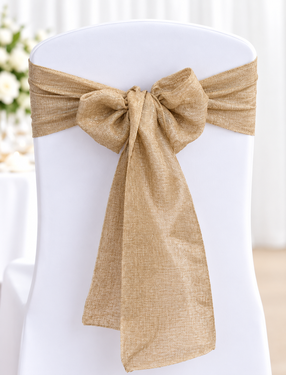Faux Hessian | Osmic Productions White Chair with a Gold Fabric Sash Tied in a Bow at the Back.