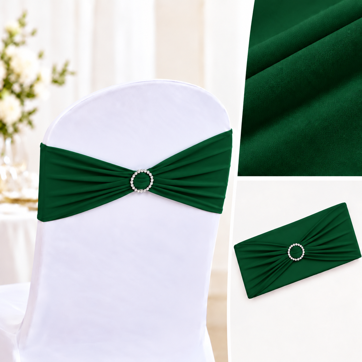 Green Bands | Osmic Productions White Chair Cover with an Emerald Green Sash Tied in a Knot and a Rhinestone Ring Buckle; Green Fabric Swatches Shown in the Corner.