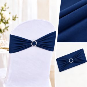 White chair cover with a navy blue pleated sash and rhinestone buckle, shown in a collage with fabric swatches (wedding decor).