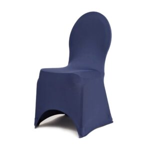 Blue banquet chair cover with a long rounded back and skirted base, designed to fit over a chair with a bottom leg opening.