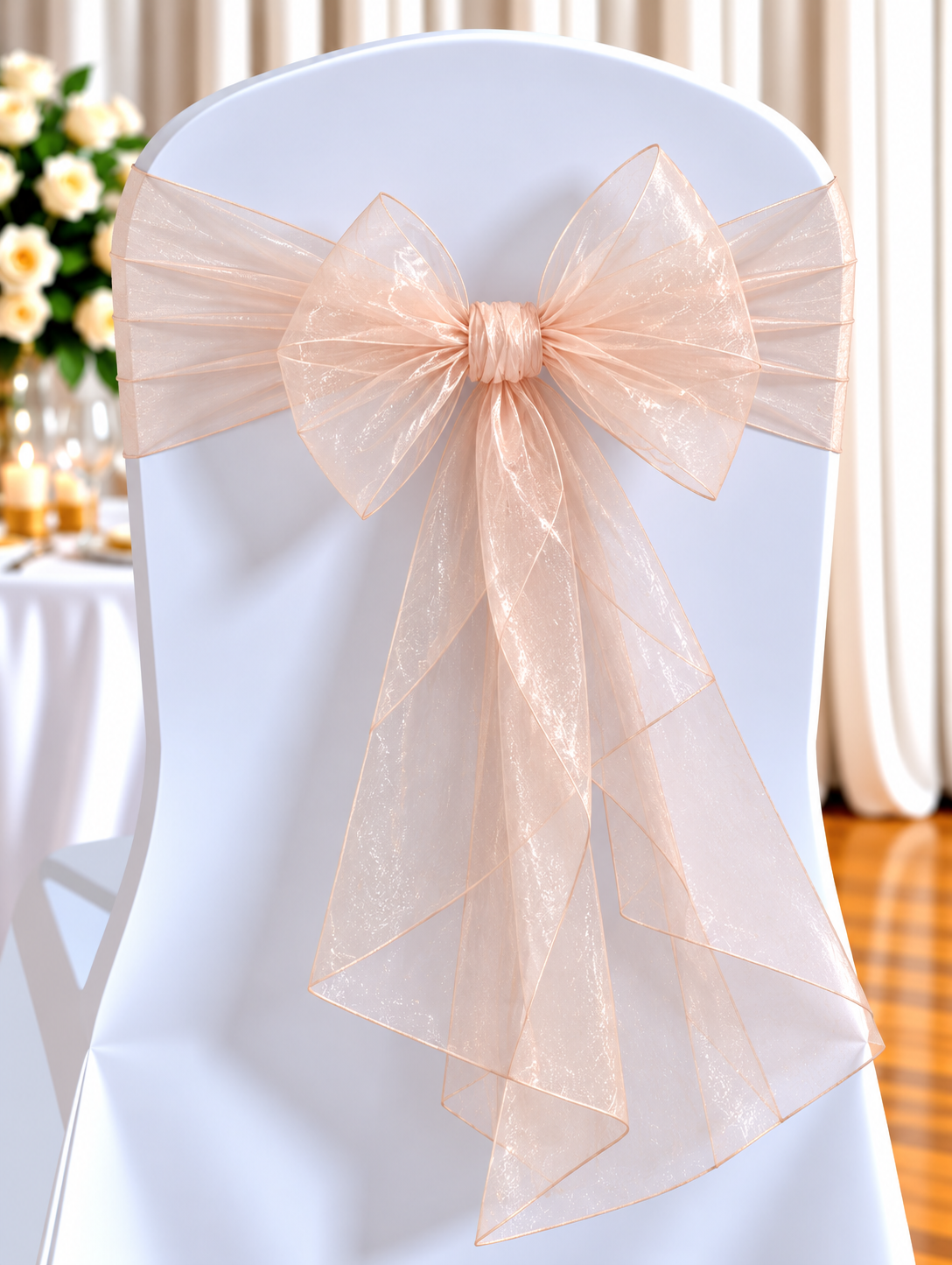 Organza Blush | Osmic Productions White Chair Covered in Fabric with a Large Sheer Blush-pink Bow Tied at the Back, Decor for a Wedding.