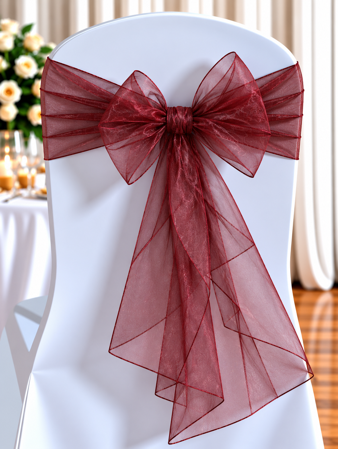 Organza Burgundy | Osmic Productions White Chair with a Burgundy Organza Bow Tied Around the Back, Part of Event Décor at a Formal Setting.