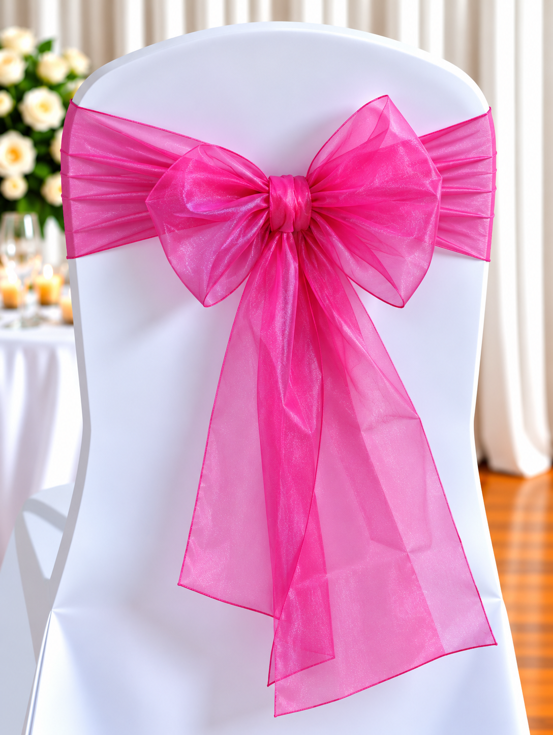 Organza Fuchsia Pink | Osmic Productions White Chair with a Bright Pink Sheer Sash Tied in a Large Bow at the Back, Decorative for a Wedding or Event Setup.