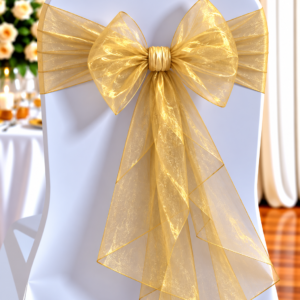 Organza Gold | Osmic Productions White Chair with a Large Sheer Gold Bow Tied Around the Back, Used As Wedding Reception Decor