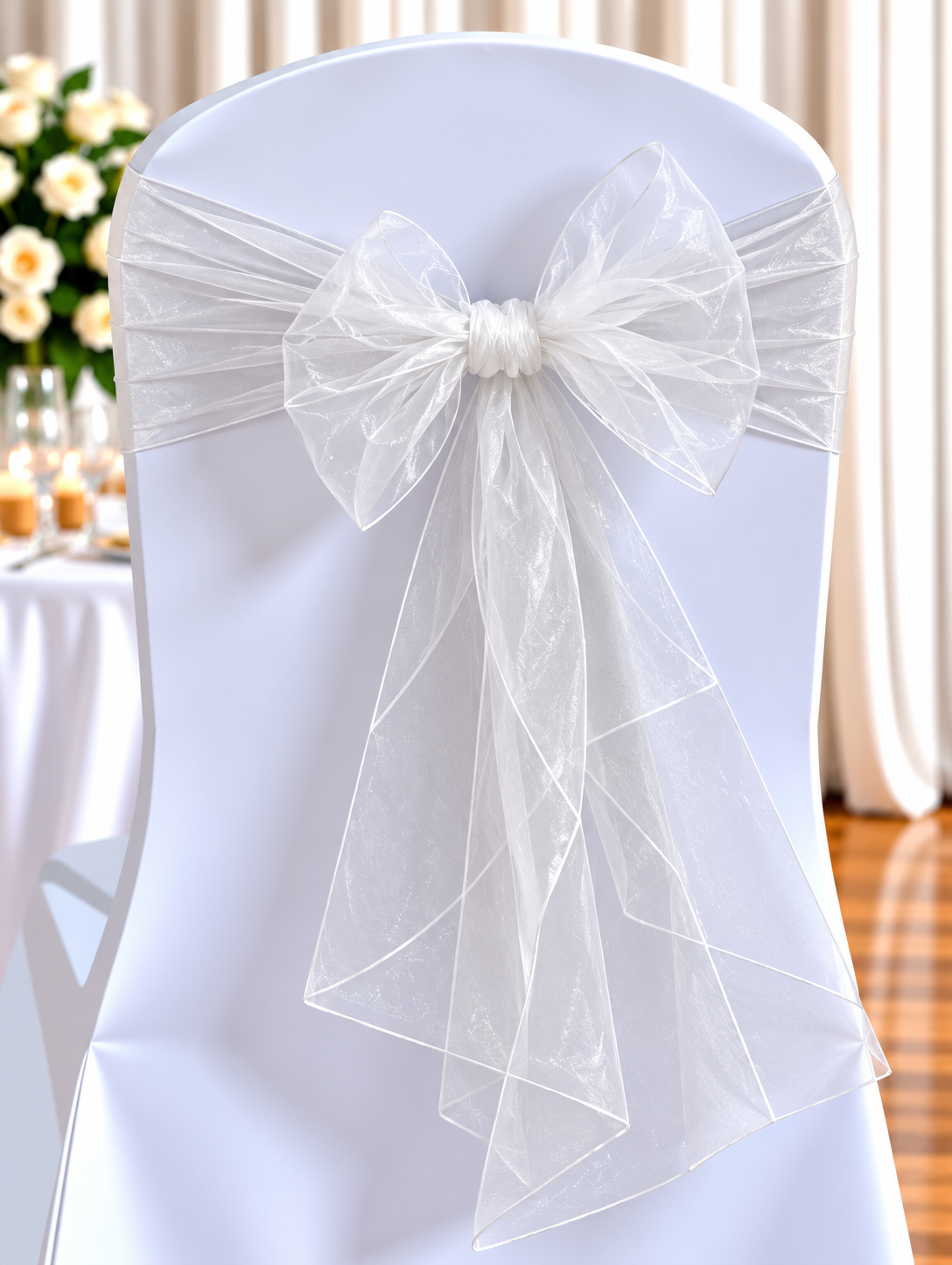 Organza Ivory | Osmic Productions White Chair with a Satin Cover and a Large Sheer White Bow Tied at the Back, Set for a Wedding Reception.