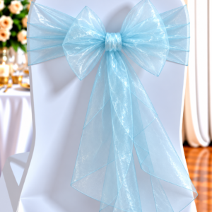 White Chair with a Large Pale Blue Organza Bow for a Wedding or Formal Event, Background with Flowers and Candles.