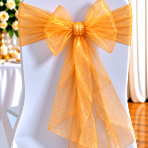 Organza Orange | Osmic Productions White Chair with a Large Sheer Orange Bow Tied at the Back, in a Formal Event Setting.
