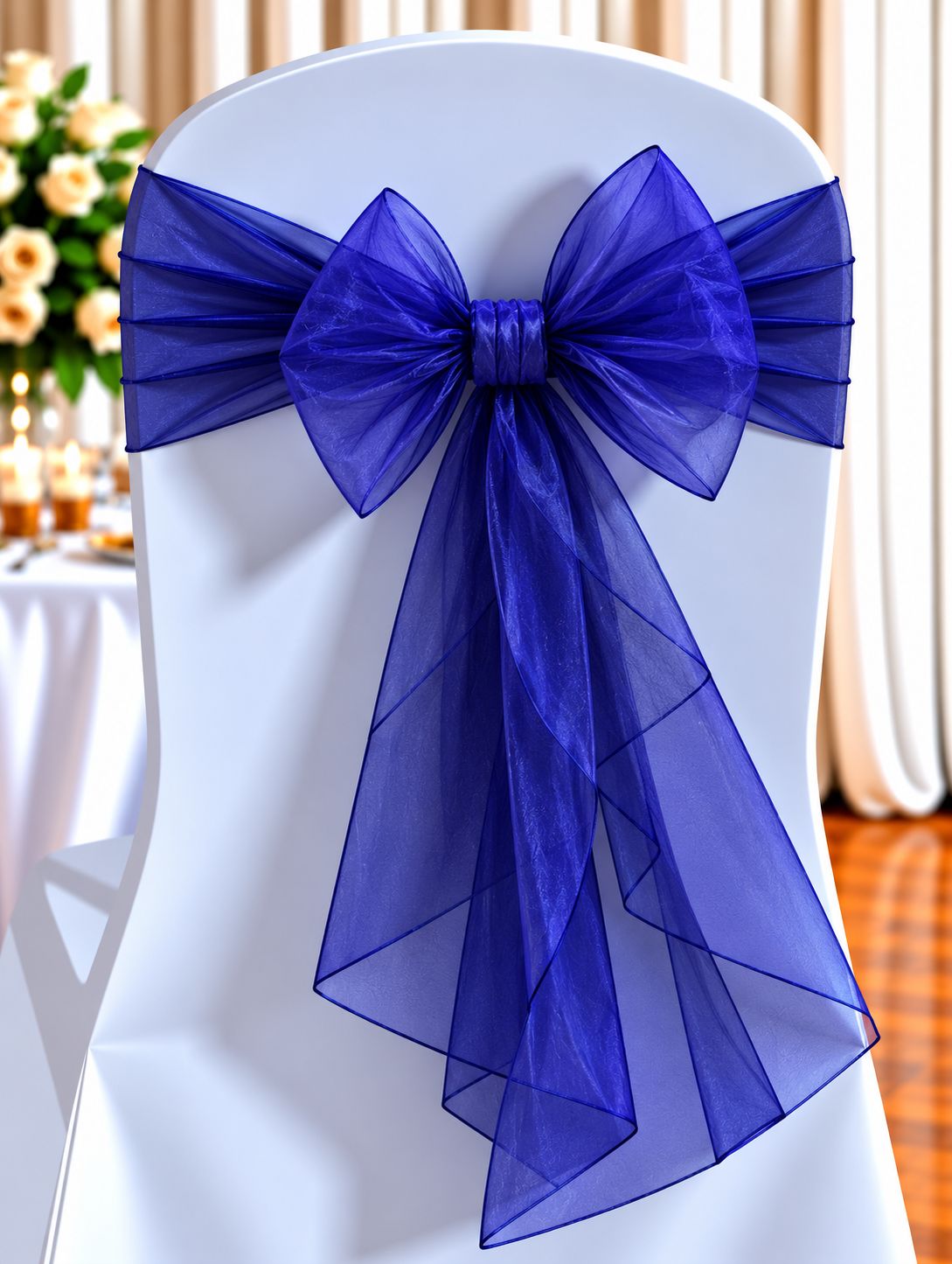 Organza Royal | Osmic Productions White Chair with a Royal Blue Organza Bow Tied Around the Back, at a Decorated Event Table.