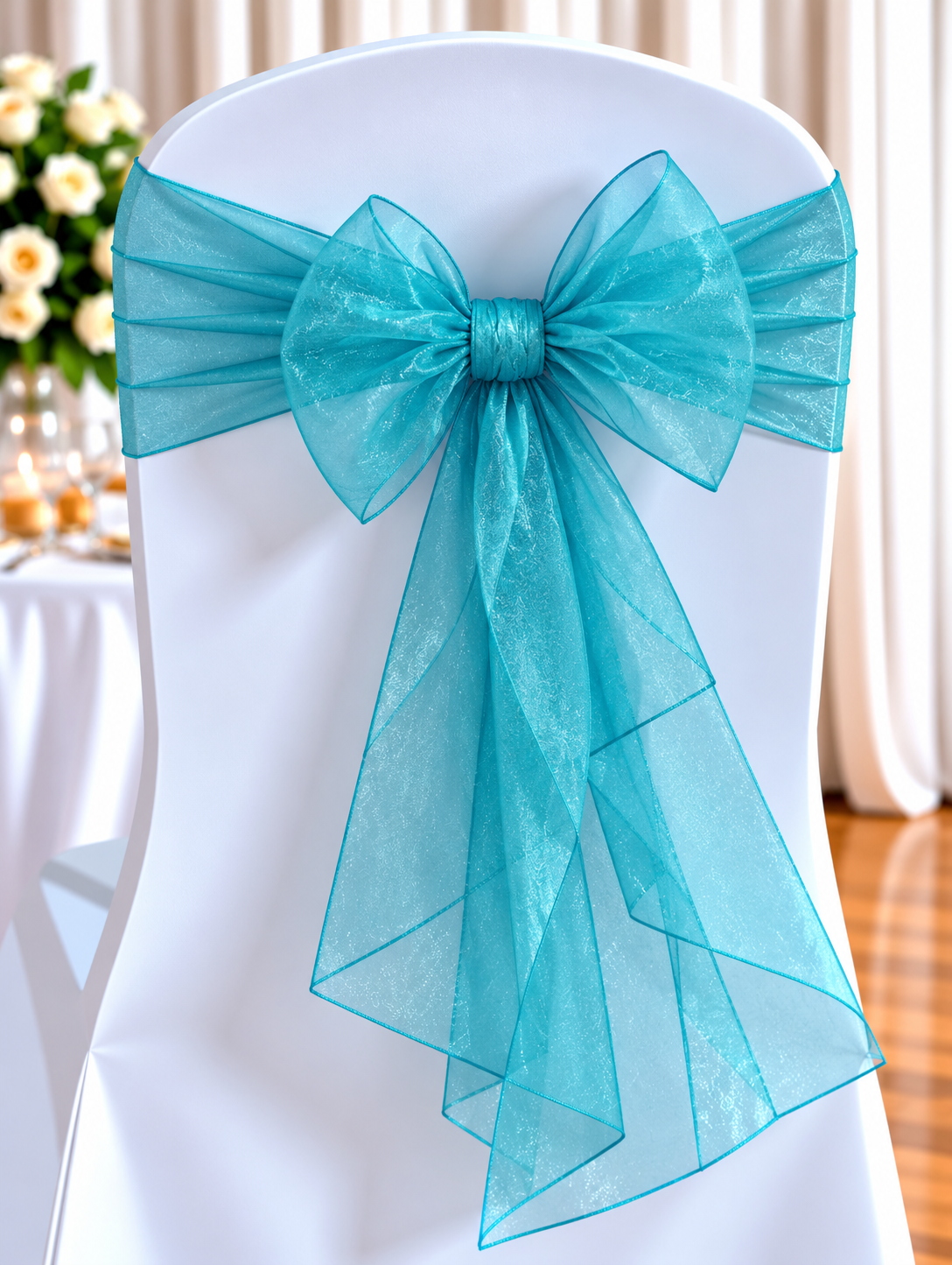Organza Turquoise | Osmic Productions White Chair Cover with a Large Turquoise Organza Bow Tied at the Back, a Wedding/decorative Seating Detail