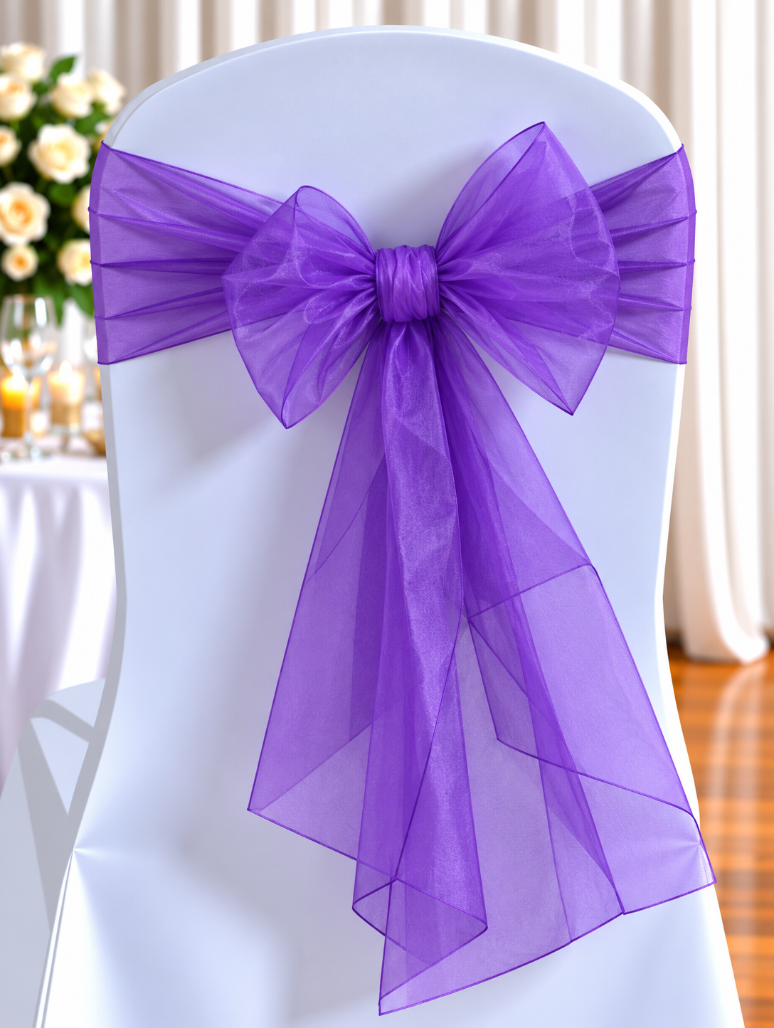 Organza Violet | Osmic Productions White Chair with a Purple Organza Bow Sash at a Formal Event, Likely a Wedding Reception Decor.