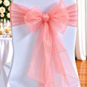 White Chair with a Sheer Pink Organza Bow Tied at the Back for a Wedding Reception.