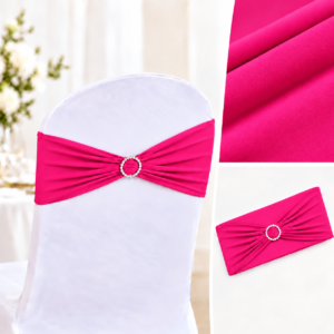 Wedding reception chair decorated with white cover and a hot pink sash tied with a crystal ring; collage shows folds and fabric texture.