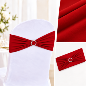 White chair with a red sash tied in a jeweled knot for a formal event setting (collage with red fabric swatches).