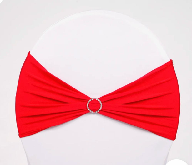 Red Chair Bands | Osmic Productions Red Fabric Bow Belt or Sash with a Rhinestone Ring Centerpiece Displayed on a White Mannequin Bust.