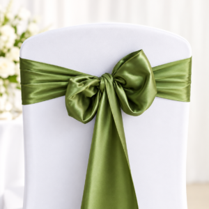 White chair with a glossy emerald-green satin bow tied around the back, for a wedding or formal event.
