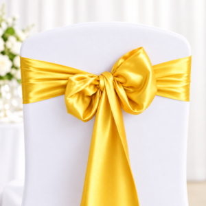 White chair cover with a bright yellow satin bow tied at the back, for a formal event or wedding decor.