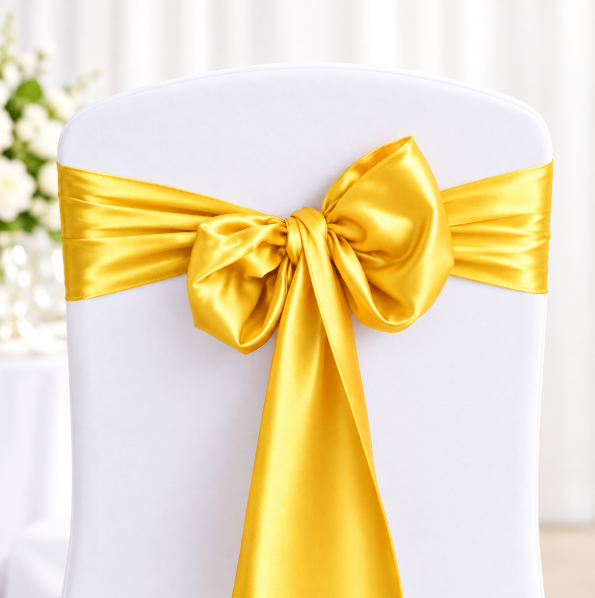 Sash Yellow Satin | Osmic Productions White Chair Cover with a Bright Yellow Satin Bow Tied at the Back, for a Formal Event or Wedding Decor.