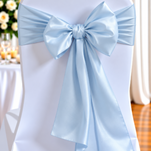 White chair covered in white fabric with a pale blue satin bow tied at the back, in a wedding reception setting.