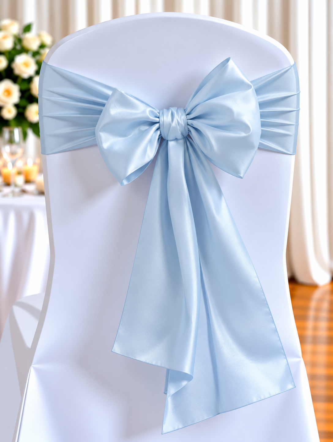 Satin Baby Blue | Osmic Productions White Chair Covered in White Fabric with a Pale Blue Satin Bow Tied at the Back, in a Wedding Reception Setting.