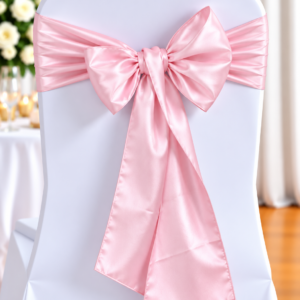 White chair covered in a white chair cover with a pink satin sash tied in a bow at the back, a wedding decor scene still visible in the background.