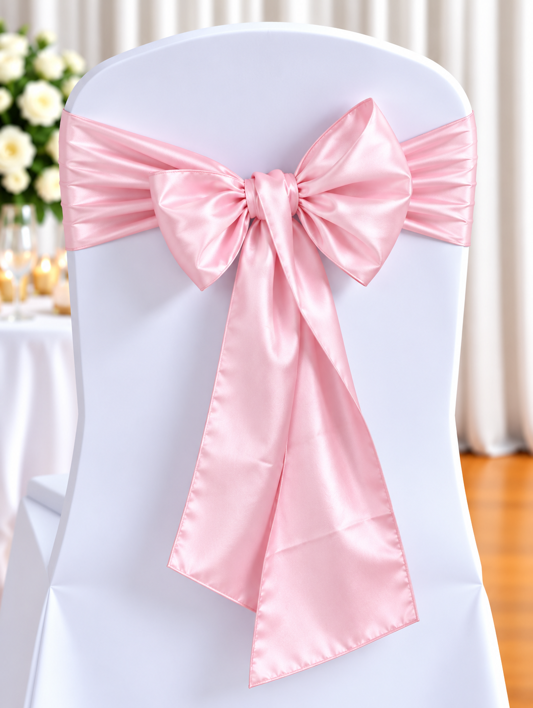 Satin Baby Pink | Osmic Productions White Chair Covered in a White Chair Cover with a Pink Satin Sash Tied in a Bow at the Back, a Wedding Decor Scene Still Visible in the Background.