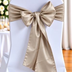 White chair covered in fabric with a large champagne satin bow tied at the back, wedding reception decor in soft focus.